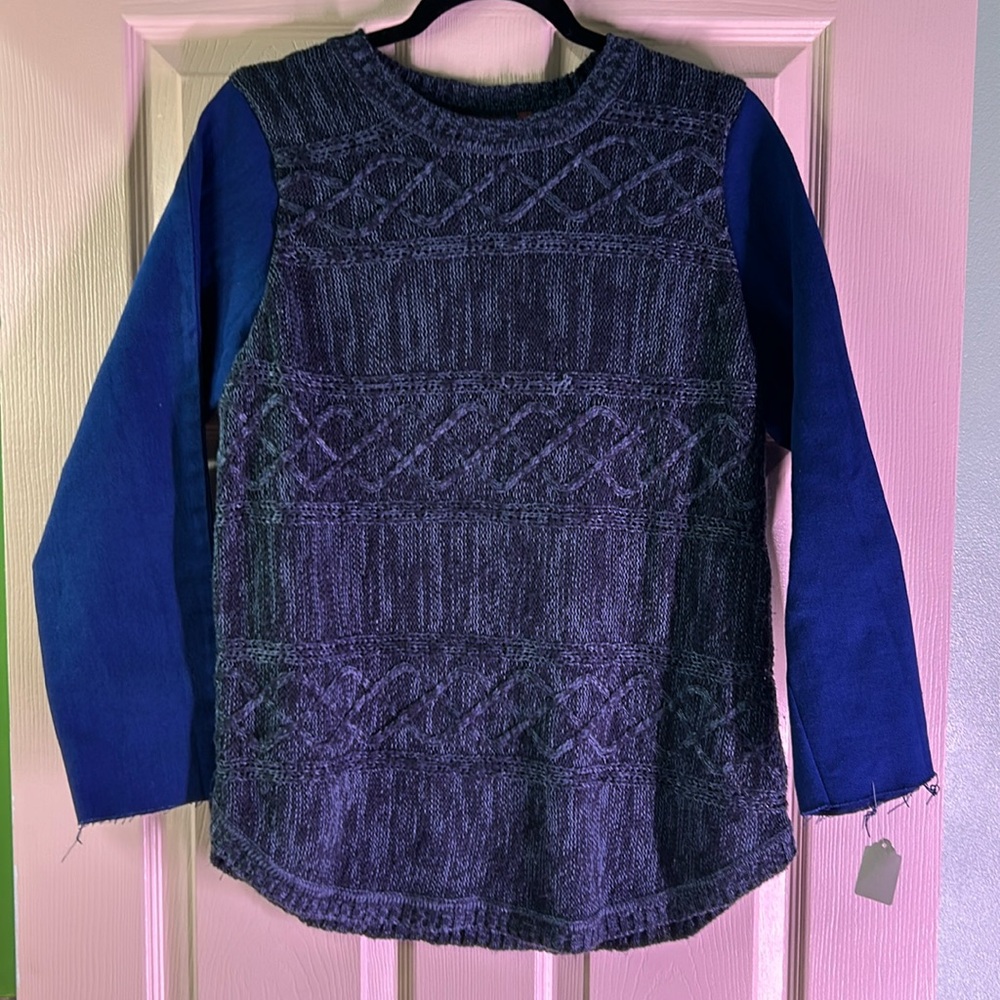 Warm Navy Blue Sweater with Denim Sleeves
